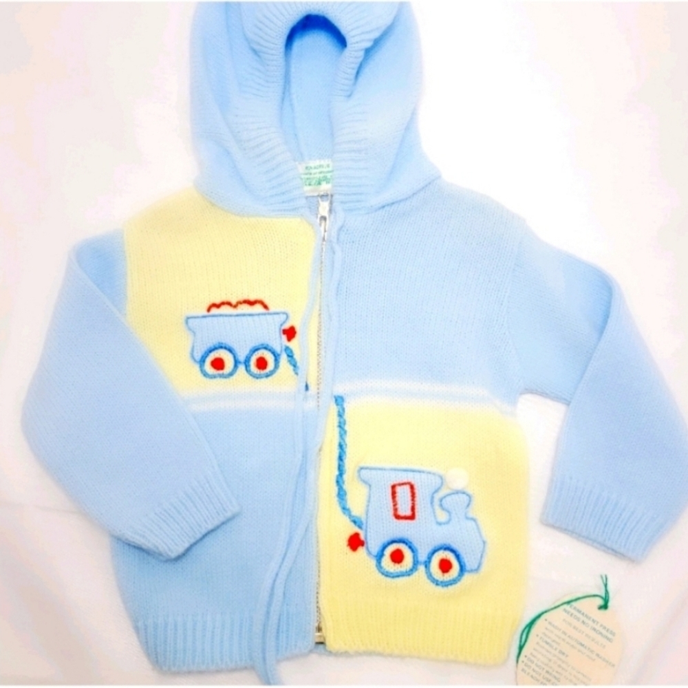 Tiny Tots Vintage 1980's Knit Sweater Jacket Baby Blue Boy Train Detail 6-9mo